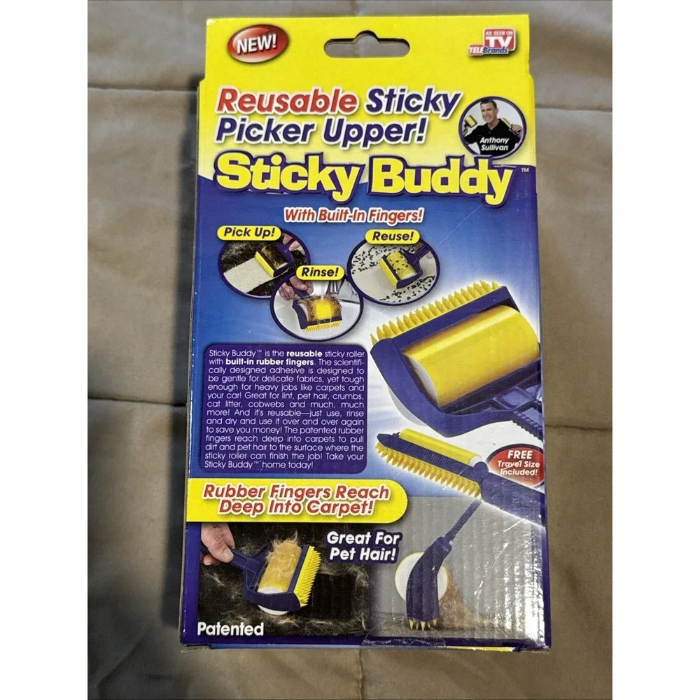 Reusable Sticky Picker Upper Roller Buddy Rinse Built in Rubber Fingers Pet Hair